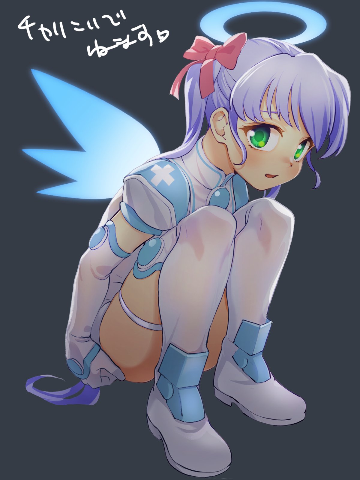 1girl, angel, angel_wings, blush, boots, bow, commentary_request, cross