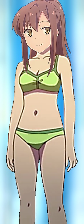 1girl, aoyama_nanami, bare_arms, bare_legs, bikini, blue_background, brown_hair, cleavage, closed_mouth, female, green_bikini, green_swimsuit, iguana_bikini, legs, long_hair, navel, ponytail, sakura-sou_no_pet_na_kanojo, smile, solo, standing, swimsuit, yellow_eyes