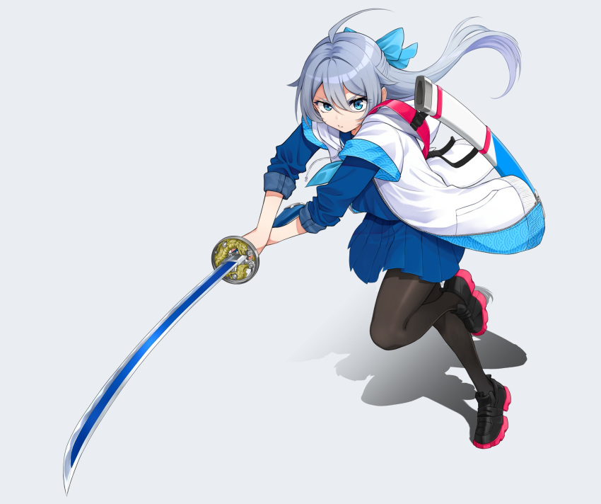 1girl, ahoge, angry, bangs, black_legwear, blue_eyes, blue_jacket, blue_shirt