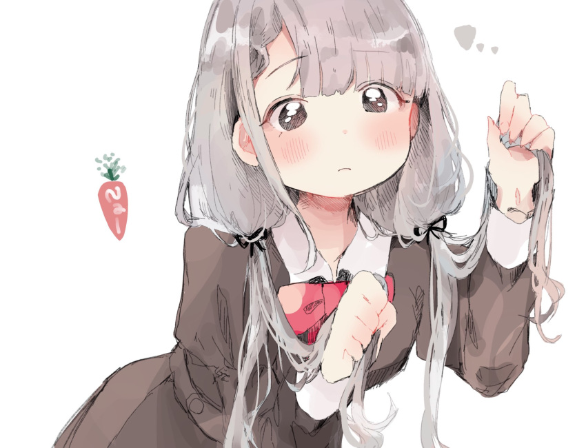 1girl, bangs, blunt_bangs, blush, bow, bowtie, brown_dress, brown_eyes, collared_dress, dress, eyebrows_visible_through_hair, grey_hair, highres, holding, holding_hair, juliet_sleeves, leaning_forward, long_hair, long_sleeves, original, puffy_sleeves, pyapyupyo9101, red_neckwear, simple_background, solo, upper_body, white_background