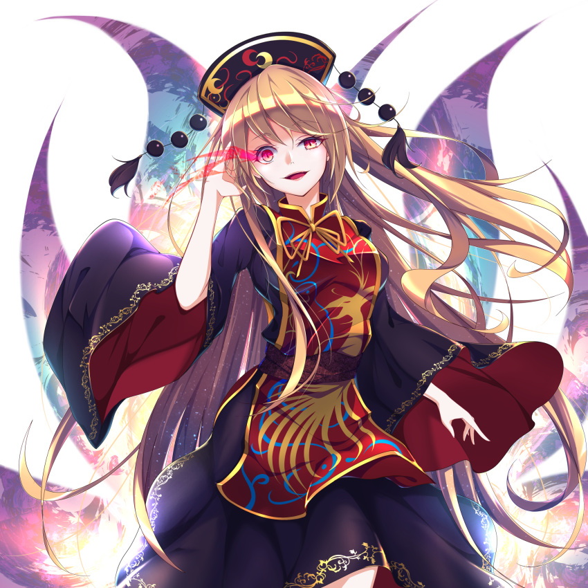 1girl, black_dress, black_headwear, blonde_hair, breasts, chinese_clothes, commentary_request, crazy_eyes
