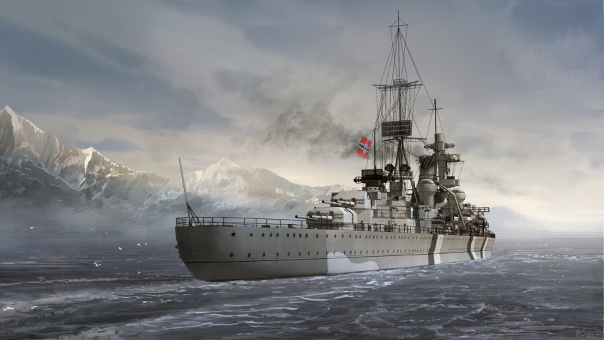 dusk, flag, grey_sky, heavy_cruiser, highres, imperial_german_flag, mast, military
