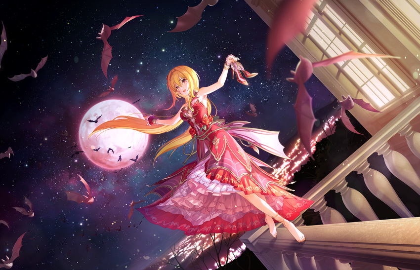 blonde_hair, blush, dres, idolmaster_cinderella_girls_starlight_stage, kurosaki_chitose, long_hair, night, red_eyes, smile