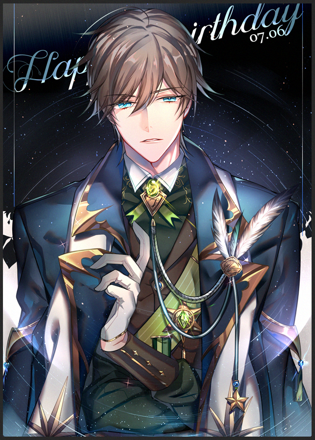1boy, ahoge, bangs, brown_hair, collar, crossed_arms, dated, eyebrows_visible_through_hair, feathers, gem, gloves, glowing, green_eyes, happy_birthday, jacket, jacket_on_shoulders, long_sleeves, looking_at_viewer, male_focus, open_clothes, open_jacket, parted_lips, quan_zhi_gao_shou, s_(olath), shirt, short_hair, solo, star_(sky), upper_body, wang_jiexi, white_feathers, white_gloves