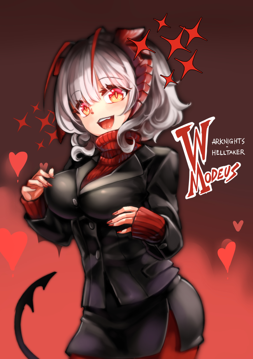 :d, antennae, arknights, black_jacket, black_skirt, blazer, breasts, business_suit