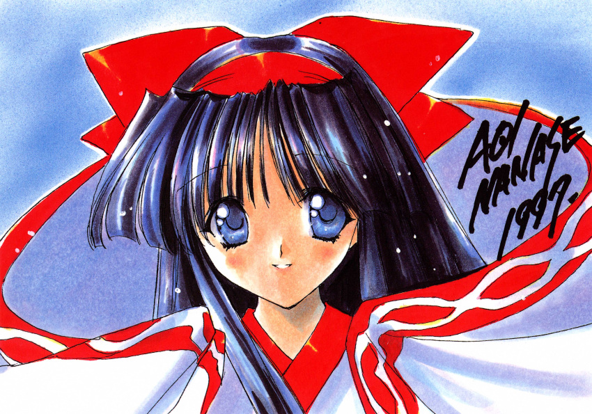 absurdres, black_hair, blue_eyes, bow, hair_bow, highres, japanese_clothes, miko