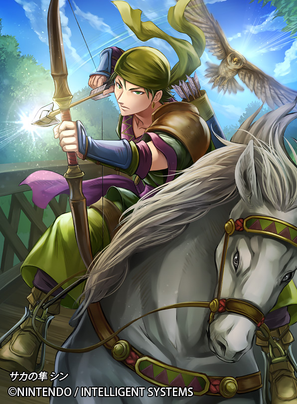 1boy, arrow_(projectile), bandana, bird, boots, bow_(weapon), earrings, fire_emblem, fire_emblem:_the_binding_blade, fire_emblem_cipher, green_eyes, green_hair, hawk, horse, jewelry, leaf, nekobayashi, official_art, quiver, sin_(fire_emblem), sky, solo, sparkle, tree, weapon