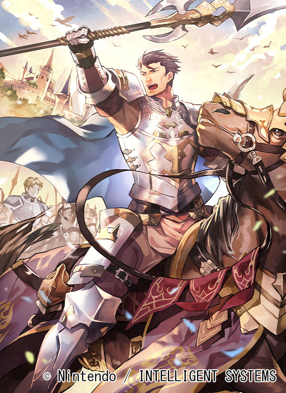 1boy, armor, armored_boots, boots, clouds, faceless, faceless_male, fire_emblem, fire_emblem:_the_binding_blade, fire_emblem_cipher, gloves, horse, horseback_riding, nagahama_megumi, official_art, open_mouth, polearm, purple_hair, riding, sky, solo, spear, teeth, tree, weapon, zealot_(fire_emblem)