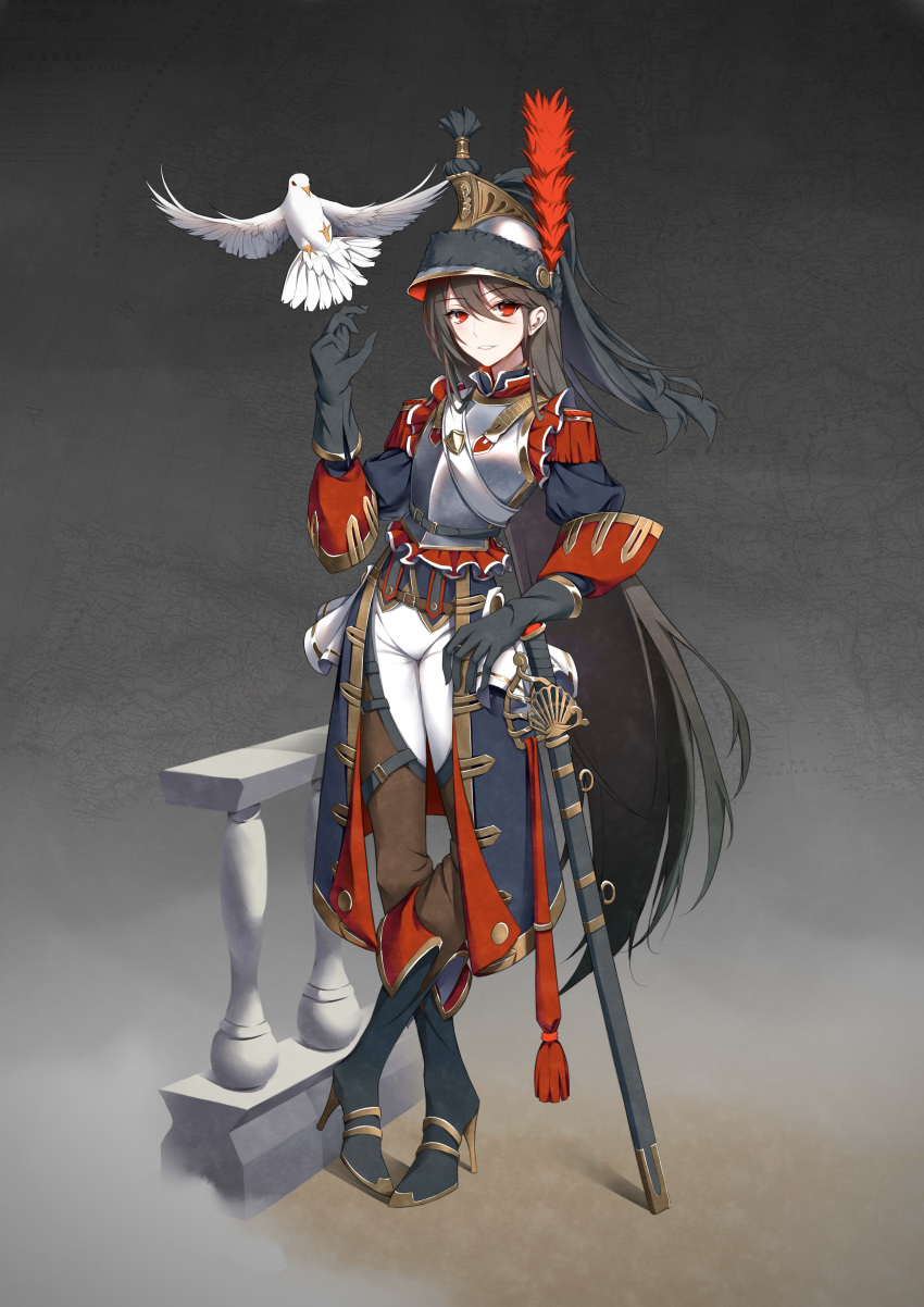1girl, absurdres, armor, bird, black_gloves, boots, breastplate, brown_hair, cuirass, epaulettes, eyebrows_visible_through_hair, fringe_trim, full_body, gloves, gold_trim, hand_on_hilt, handrail, helmet, high_heel_boots, high_heels, highres, knight, long_hair, looking_at_viewer, map, original, pigeon, plume, red_eyes, sheath, sheathed, solo, sword, user_jnrr7424, very_long_hair, weapon