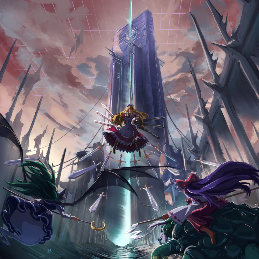 1boy, 3girls, apron, arm_ribbon, black_footwear, blonde_hair, blue_capelet, blue_headwear