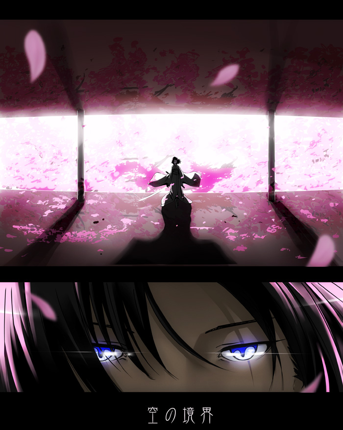 black_hair, cherry_blossoms, fukurou, japanese_clothes, kara_no_kyoukai, katana, pink_hair, ryougi_shiki