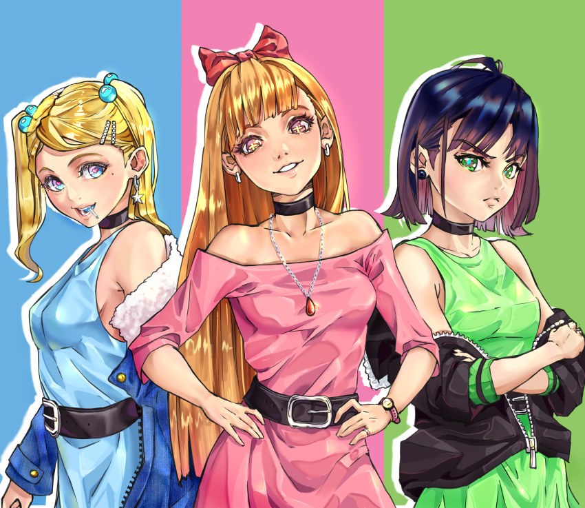+_+, 3girls, absurdres, bangs, belt, black_hair, black_jacket, blonde_hair, blossom_(ppg), blue_jacket, blunt_bangs, breasts, bubbles_(ppg), buttercup_(ppg), choker, diegodraws, dress, earrings, hair_ornament, hairclip, heart, heart-shaped_pupils, highres, huge_filesize, jacket, jewelry, long_hair, medium_breasts, medium_hair, multiple_girls, necklace, off-shoulder_dress, off_shoulder, open_mouth, orange_hair, parted_lips, powerpuff_girls, smile, star-shaped_pupils, star_(symbol), star_earrings, symbol-shaped_pupils, twintails, watch, watch