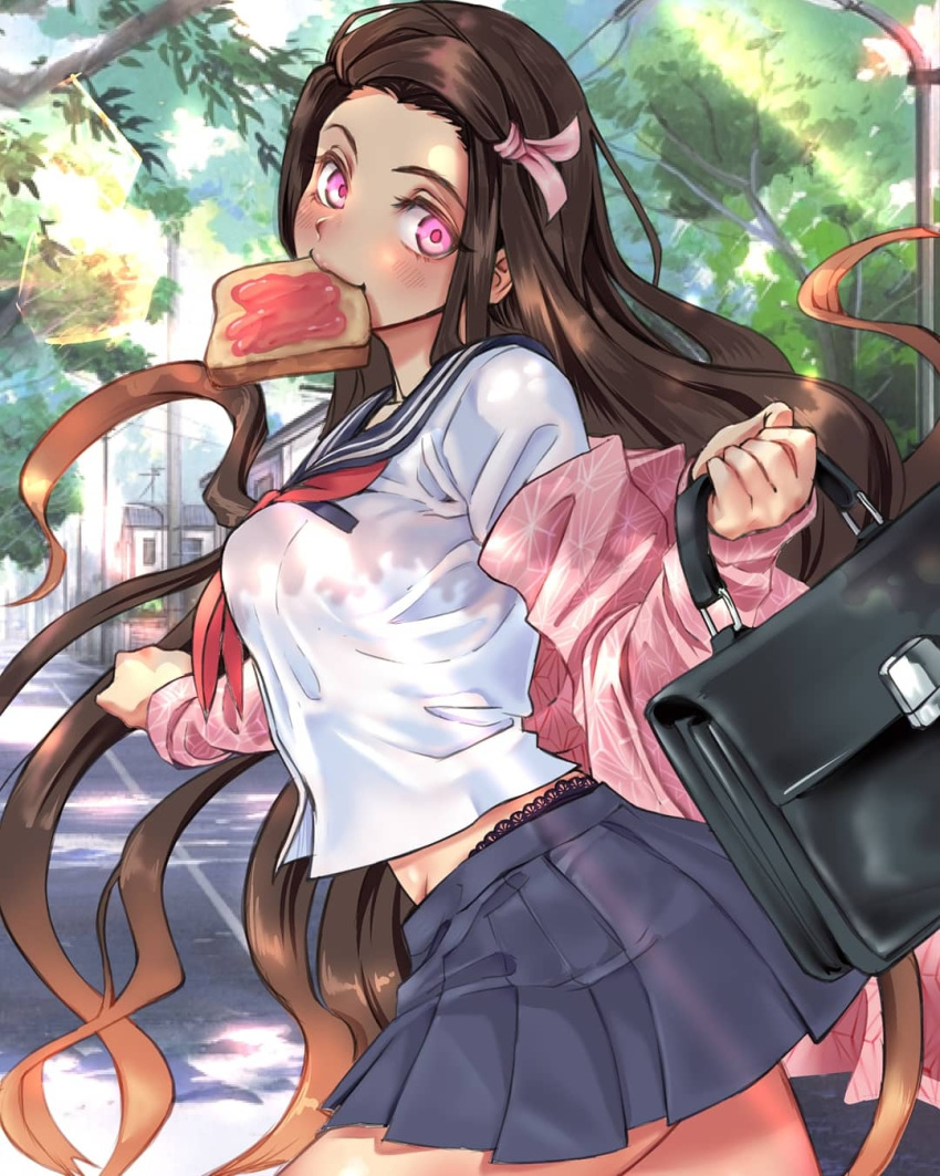 1girl, alternate_costume, bag, black_skirt, blush, cowboy_shot, diegodraws, food