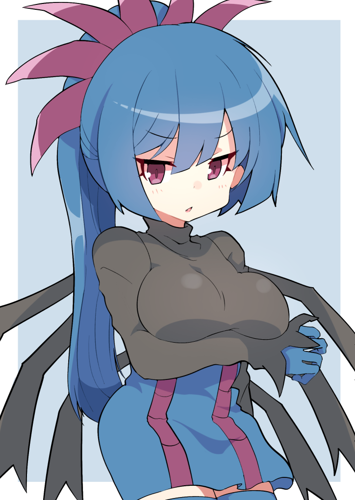 1girl, :o, arm_under_breasts, blue_gloves, blue_hair, border, breasts, commentary_request