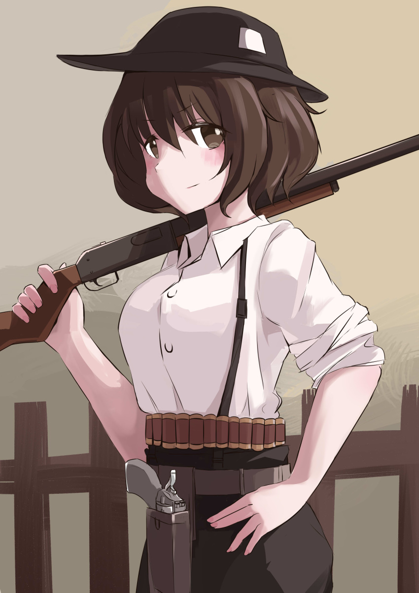 1girl, absurdres, akiyama_yukari, ammunition_belt, blouse, brown_eyes, brown_hair, fence