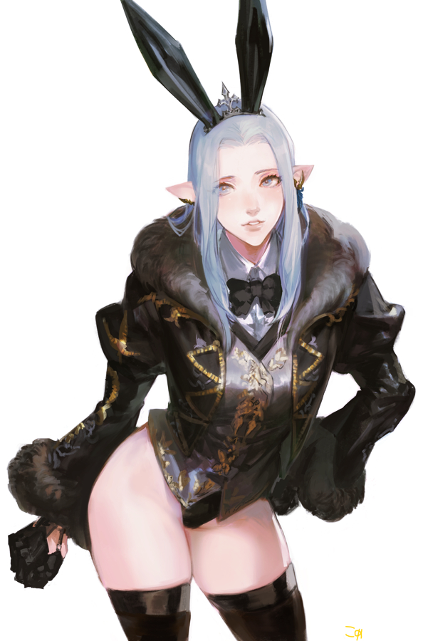 1girl, animal_ears, black_legwear, blue_eyes, bow, bowtie, coat, cowboy_shot