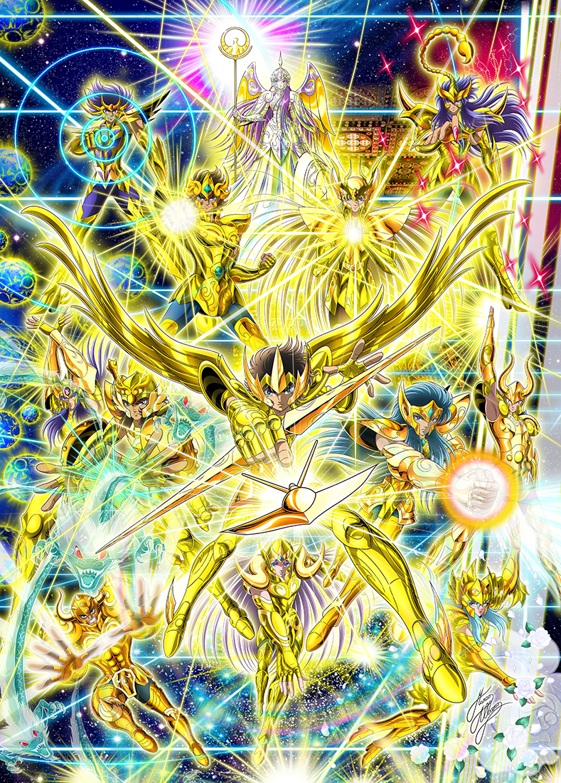 1girl, 6+boys, aquarius_camus, aries_mu, arm_up, armor, arrow_(projectile), athena_(saint_seiya)