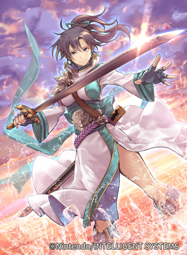 1girl, closed_mouth, clouds, company_name, copyright_name, fingerless_gloves, fir_(fire_emblem), fire_emblem