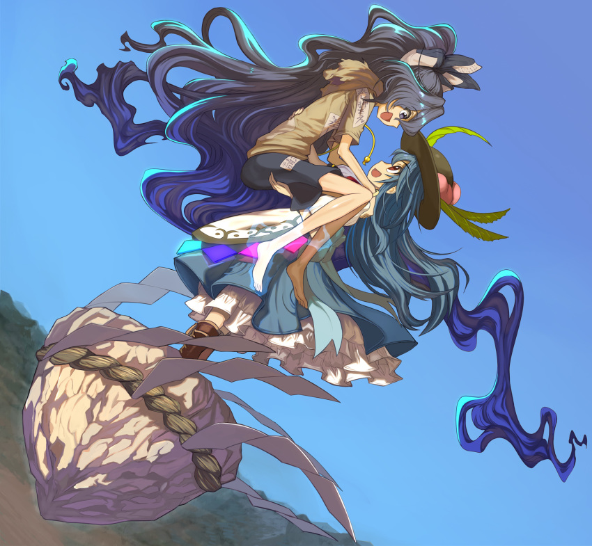 2girls, :d, absurdly_long_hair, barefoot, black_headwear, blue_eyes, blue_hair, blue_skirt