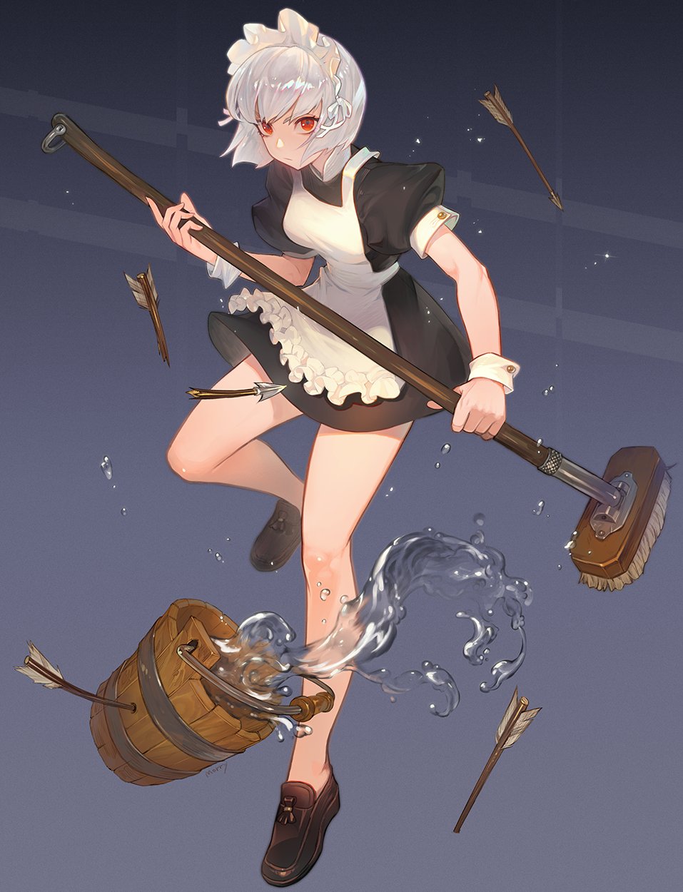 1girl, apron, arrow_(projectile), artist_name, bare_legs, black_dress, black_footwear, blue_background, breasts, broken_arrow, bucket, closed_mouth, commentary, dress, full_body, highres, holding_mop, looking_at_viewer, maid, maid_apron, maid_headdress, medium_hair, mop, morry, original, puffy_short_sleeves, puffy_sleeves, red_eyes, shoes, short_dress, short_sleeves, signature, silver_hair, simple_background, small_breasts, solo, spilling, symbol_commentary, thighs, water, white_apron, wrist_cuffs