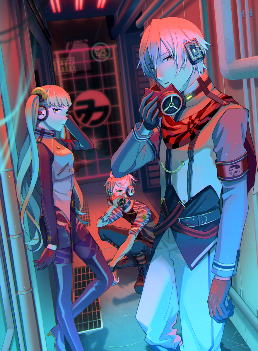 1girl, 2boys, agitation_(module), armband, bad_boy_(module), black_pants, boots, commentary, general_(module), gloves, grate, hair_ornament, half-closed_eyes, hallway, hatsune_miku, headphones, high_heels, highres, kagamine_len, kaito, logo, long_hair, looking_at_viewer, mask, mouth_mask, multiple_boys, nokuhashi, pants, pipes, project_diva_(series), red_eyes, shirt, short_sleeves, squatting, standing, thigh-highs, thigh_boots, twintails, unhappy_refrain_(vocaloid), vocaloid, white_shirt, yellow_eyes