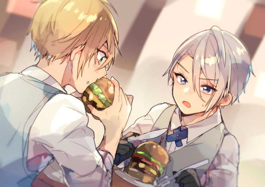 2boys, aqua_eyes, black_gloves, blonde_hair, blue_eyes, blush, chiro_(chi-bu-ko), collared_shirt