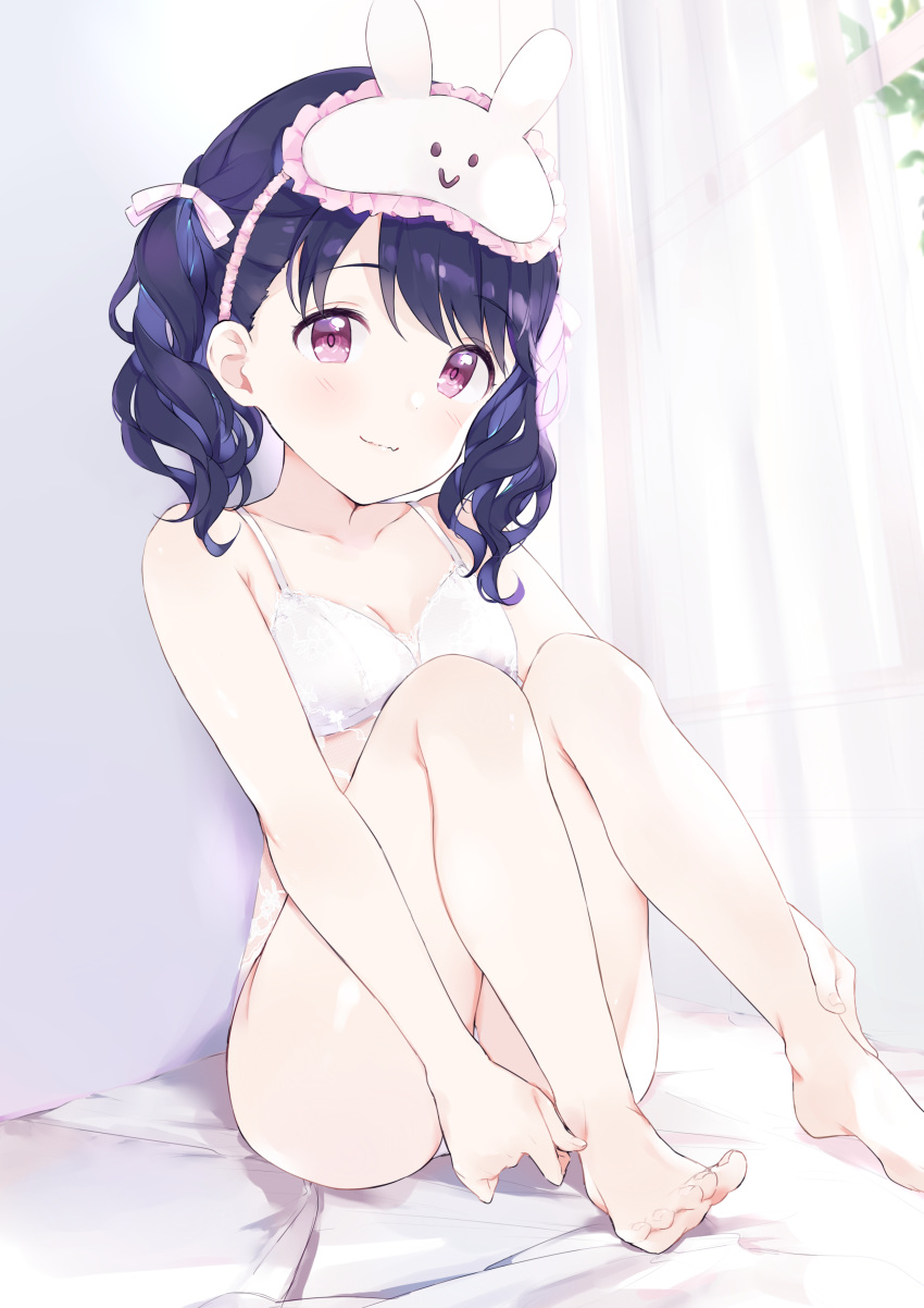 1girl, absurdres, bare_legs, bare_shoulders, barefoot, bed_sheet, black_hair, bra