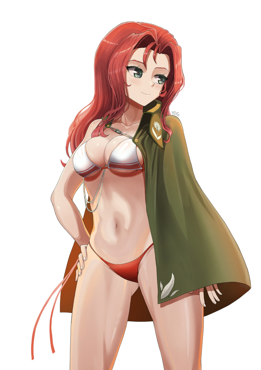 1girl, absurdres, artist_name, bikini, breasts, cape, collared_cape, cowboy_shot, girls_und_panzer, green_cape, green_eyes, hair_intakes, hand_on_hip, highres, long_hair, looking_to_the_side, maiko_(girls_und_panzer), medium_breasts, mismatched_bikini, navel, on_shoulder, red_bikini, redhead, signature, solo, string_bikini, swimsuit, white_bikini, ydg_(eorbsaos1004)