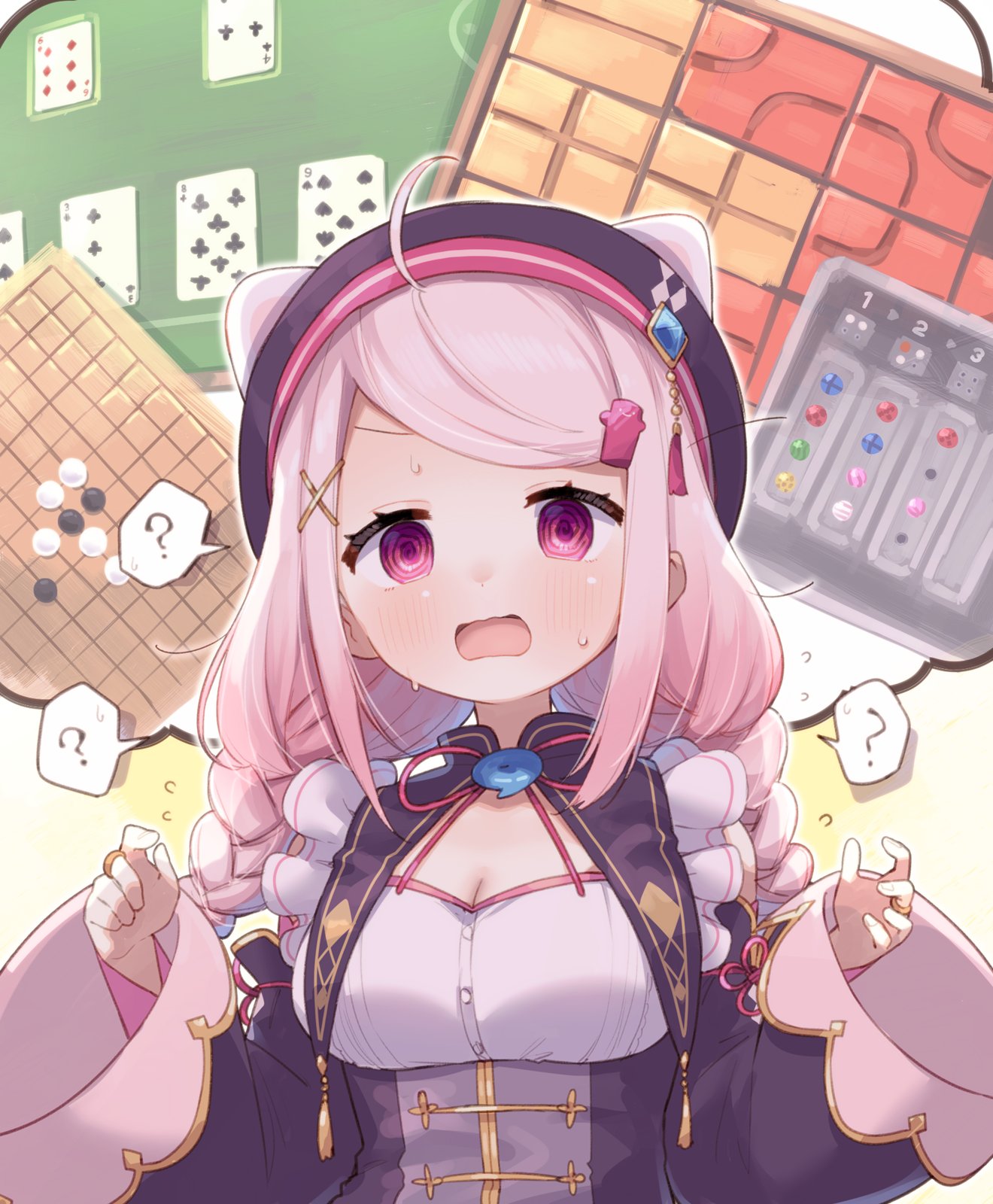 1girl, ?, @_@, alternate_costume, blush, commentary_request, hair_ornament, hairclip