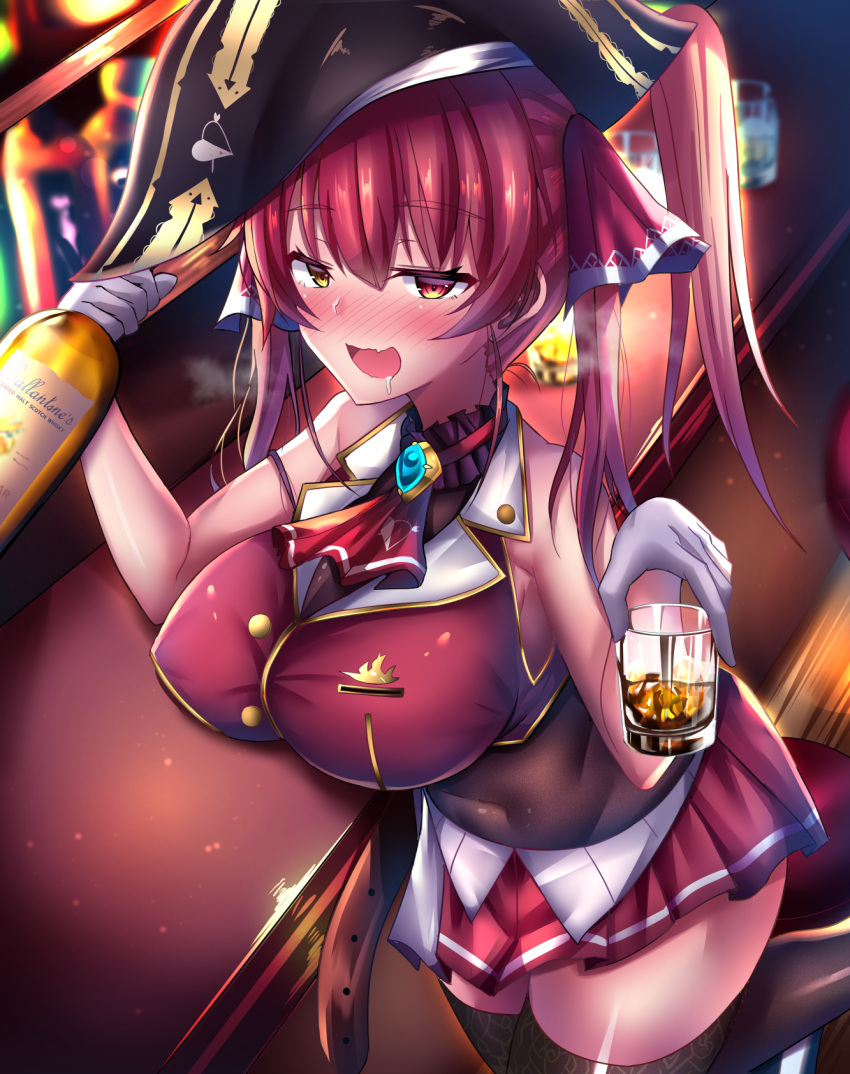 1girl, alcohol, ascot, bangs, bar, bare_shoulders, belt, black_headwear