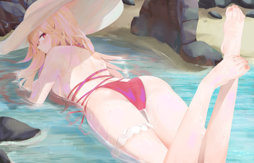 1girl, ass, azur_lane, barefoot, beack, bikini, blonde_hair, blush, chinese_commentary, commentary_request, hat, highres, leg_garter, long_hair, looking_back, nail_polish, partially_submerged, red_eyes, richelieu_(azur_lane), richelieu_(flagship_in_the_sea_breeze)_(azur_lane), rock, ru_zhai, solo, swimsuit, water