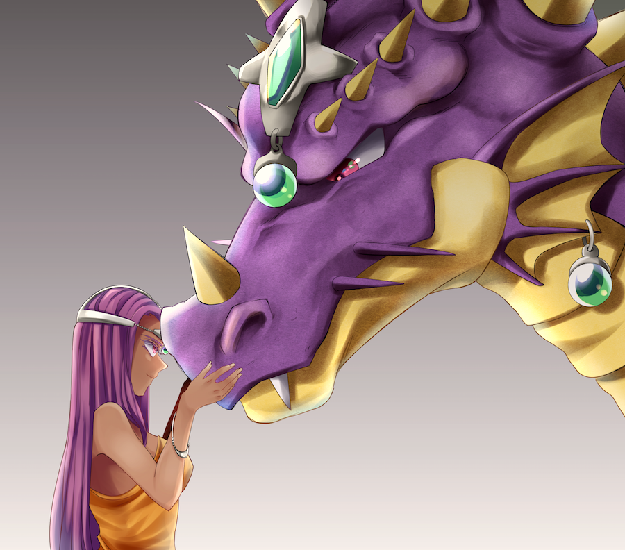 2girls, atarime_(atarimemakaron), bracelet, circlet, commentary_request, dark_skin, dragon, dragon_quest