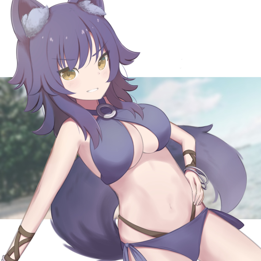 1girl, animal_ear_fluff, animal_ears, bikini, breasts, commentary, commentary_request, cygames