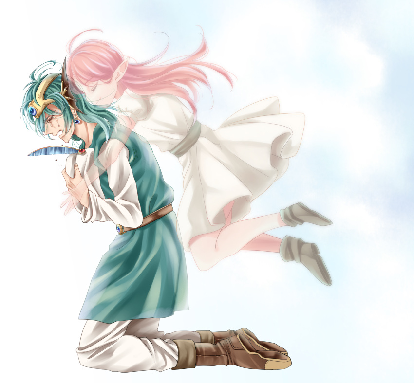 1boy, 1girl, absurdres, atarime_(atarimemakaron), boots, brown_footwear, closed_eyes, commentary_request, crying, cynthia_(dq4), dragon_quest, dragon_quest_iv, dress, earrings, elf, floating, ghost, green_hair, green_tunic, hat, hat_feather, headpiece, hero_(dq4), highres, holding, holding_hat, hug, hug_from_behind, jewelry, kneeling, long_hair, pants, pink_hair, pointy_ears, shirt, tears, translucent, white_background, white_dress, white_pants, white_shirt