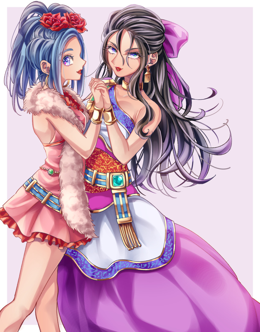 2girls, absurdres, alternate_hairstyle, atarime_(atarimemakaron), black_hair, blue_eyes, blue_hair, border