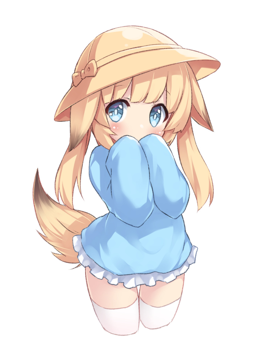 1girl, animal_ears, arms_up, blonde_hair, blue_eyes, blue_shirt, child, covering_mouth, fox_ears, fox_tail, hand_to_own_mouth, hat, highres, kemomimi_oukoku_kokuei_housou, kindergarten_uniform, long_hair, mikoko_(kemomimi_oukoku_kokuei_housou), school_hat, shirt, simple_background, skirt, sleeves_past_wrists, solo, tail, tamase_tama, thigh-highs, thigh_gap, twintails, virtual_youtuber, white_background, white_legwear, white_skirt, yellow_headwear