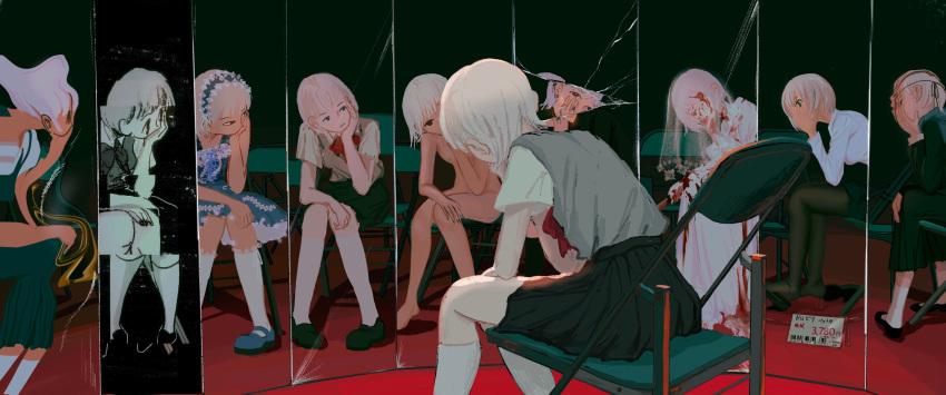6+girls, absurdres, black_footwear, blood, blue_dress, blue_footwear, blue_hairband, broken_mirror, collared_shirt, commentary, congming33, dress, english_commentary, feet_out_of_frame, from_behind, hairband, head_rest, highres, long_sleeves, monochrome, multiple_girls, nude, original, red_neckwear, reflection, shirt, shoes, short_hair, short_sleeves, surreal, vest, white_dress, white_hair, white_shirt