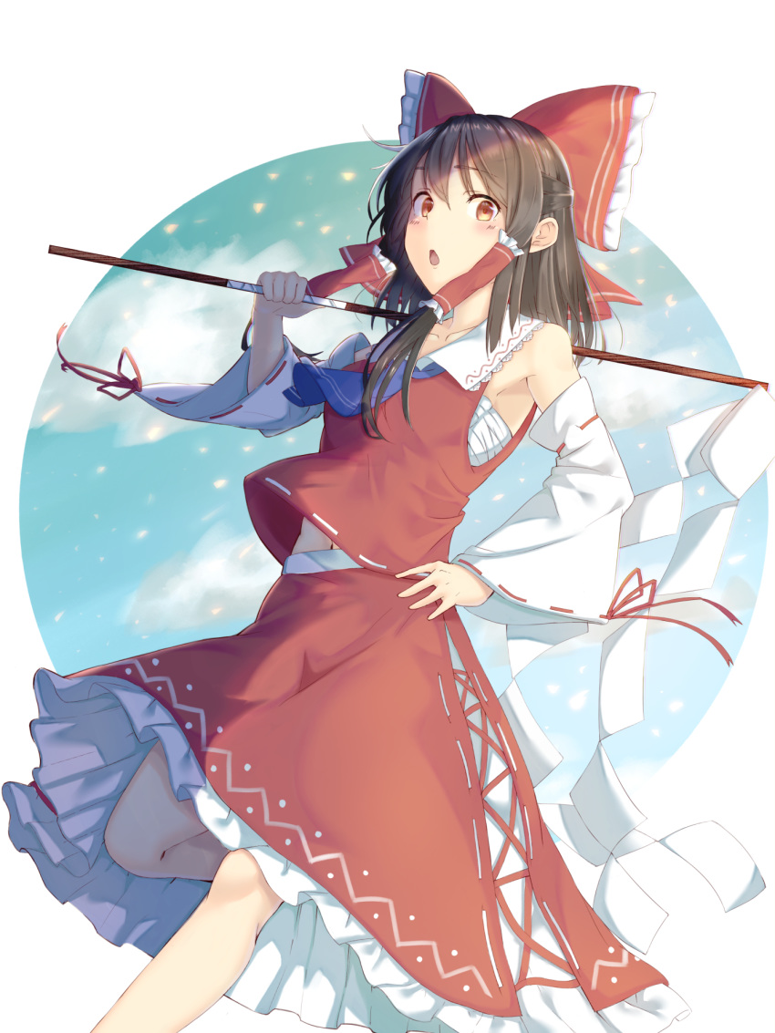 armpits, ascot, bangs, bare_shoulders, black_hair, blue_neckwear, bow, brown_eyes