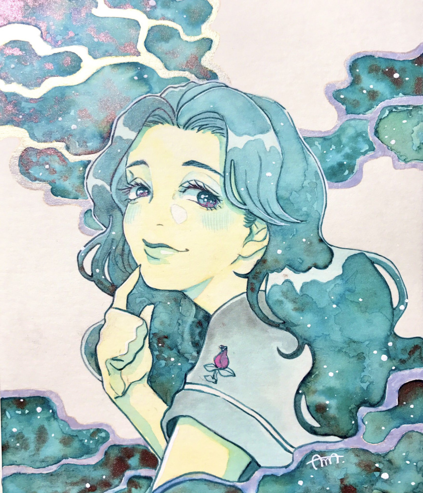 1girl, bangs, blue_hair, bunbun_hop, diamond_wa_kudakenai, flower, from_side, highres