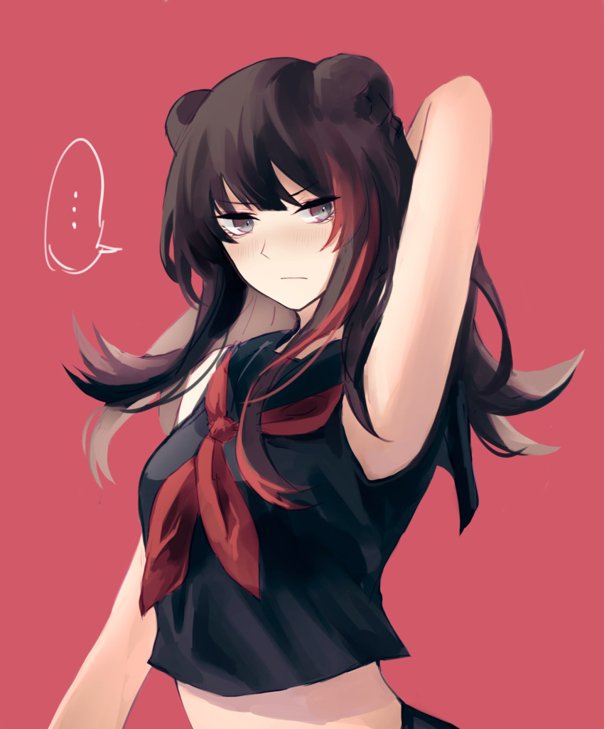 1girl, animal_ears, arknights, armpits, bangs, bear_ears, black_sailor_collar, black_shirt, blush, breasts, brown_hair, embarrassed, hair_between_eyes, highres, kageyanon, long_hair, multicolored_hair, red_neckwear, redhead, sailor_collar, school_uniform, serafuku, shirt, sleeveless, sleeveless_shirt, solo, streaked_hair, zima_(arknights)