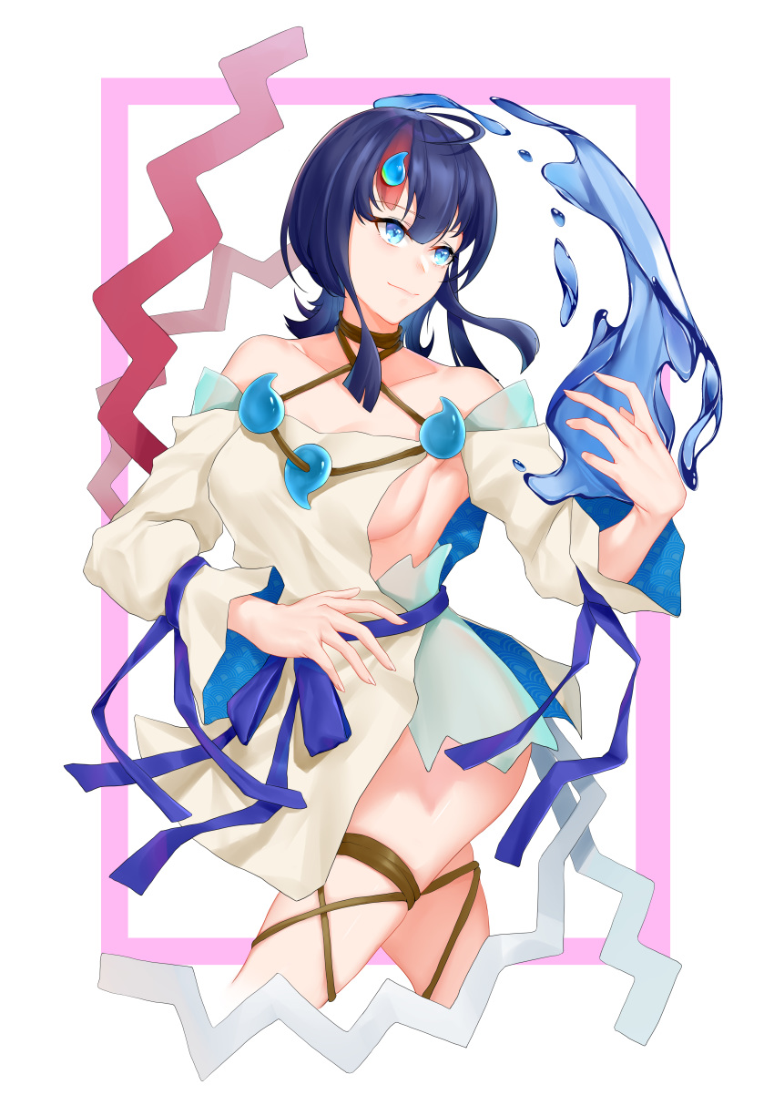 1girl, absurdres, bangs, bare_shoulders, black_hair, blue_eyes, blue_ribbon, blush