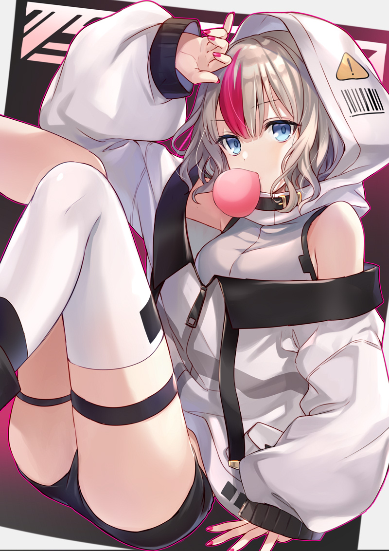 1girl, bangs, bare_shoulders, black_shorts, blue_eyes, blush, bubble_blowing, commentary