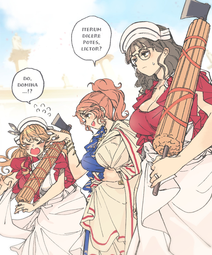 3girls, alternate_costume, aquila_(kantai_collection), axe, bangs, bitchcraft123, blunt_bangs, brown_eyes, brown_hair, closed_eyes, commentary_request, fasces_(object), high_ponytail, highres, jewelry, kantai_collection, latin_text, littorio_(kantai_collection), long_hair, mixed-language_commentary, multiple_girls, orange_hair, pince-nez, ponytail, ring, roma_(kantai_collection), toga, wavy_hair, wedding_band