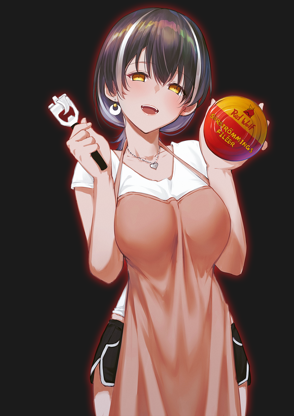 1girl, :d, alternate_costume, apron, arknights, bangs, bishi_(bishi), black_background, black_hair, black_shorts, blush, breasts, can, can_opener, canned_food, chinese_commentary, commentary_request, cowboy_shot, dolphin_shorts, eyebrows_visible_through_hair, hair_between_eyes, hands_up, head_tilt, highres, holding, jewelry, large_breasts, looking_at_viewer, magallan_(arknights), multicolored_hair, necklace, open_mouth, pink_apron, shirt, short_hair, short_shorts, shorts, simple_background, smile, solo, standing, streaked_hair, white_hair, white_shirt, yellow_eyes