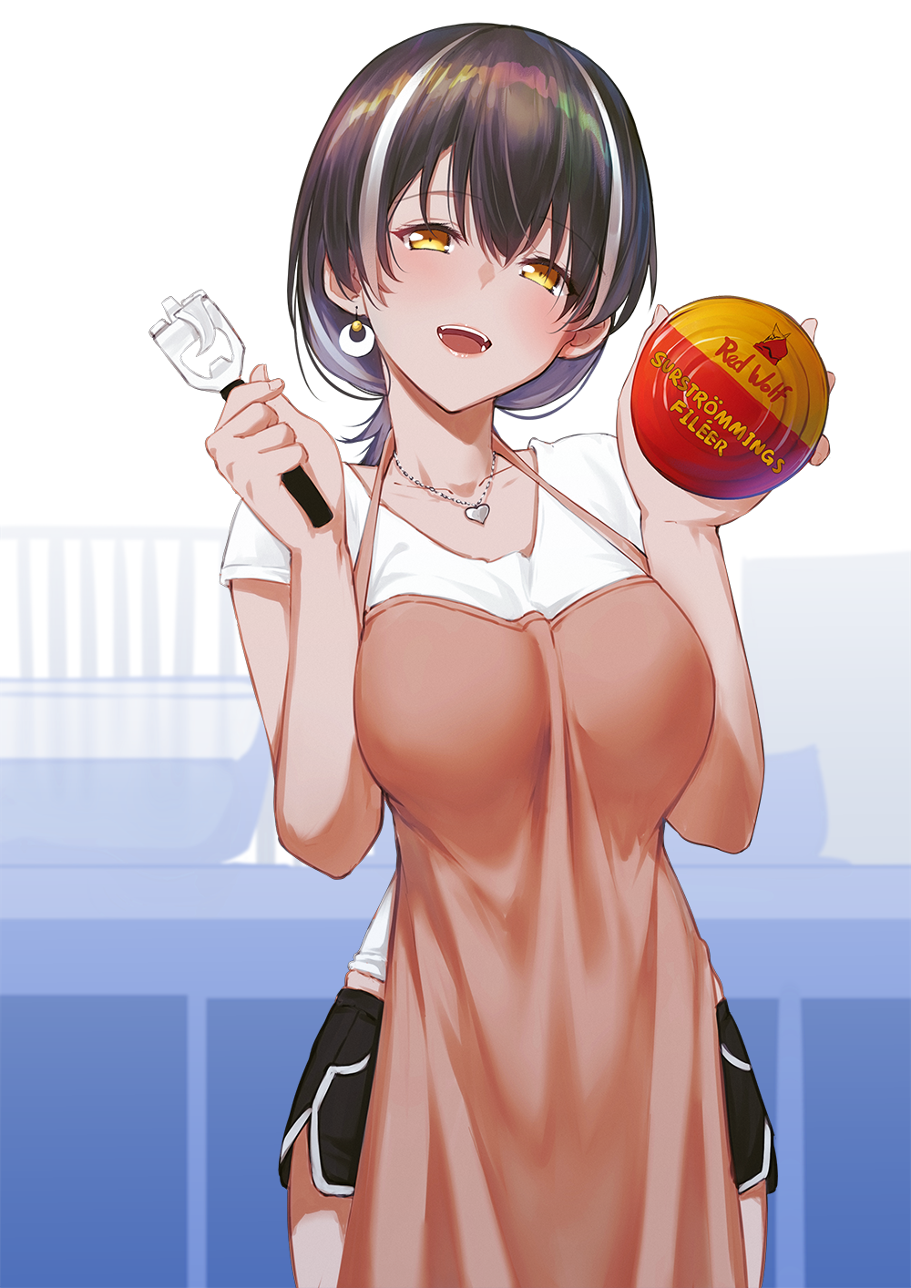 1girl, :d, alternate_costume, apron, arknights, bangs, bishi_(bishi), black_hair