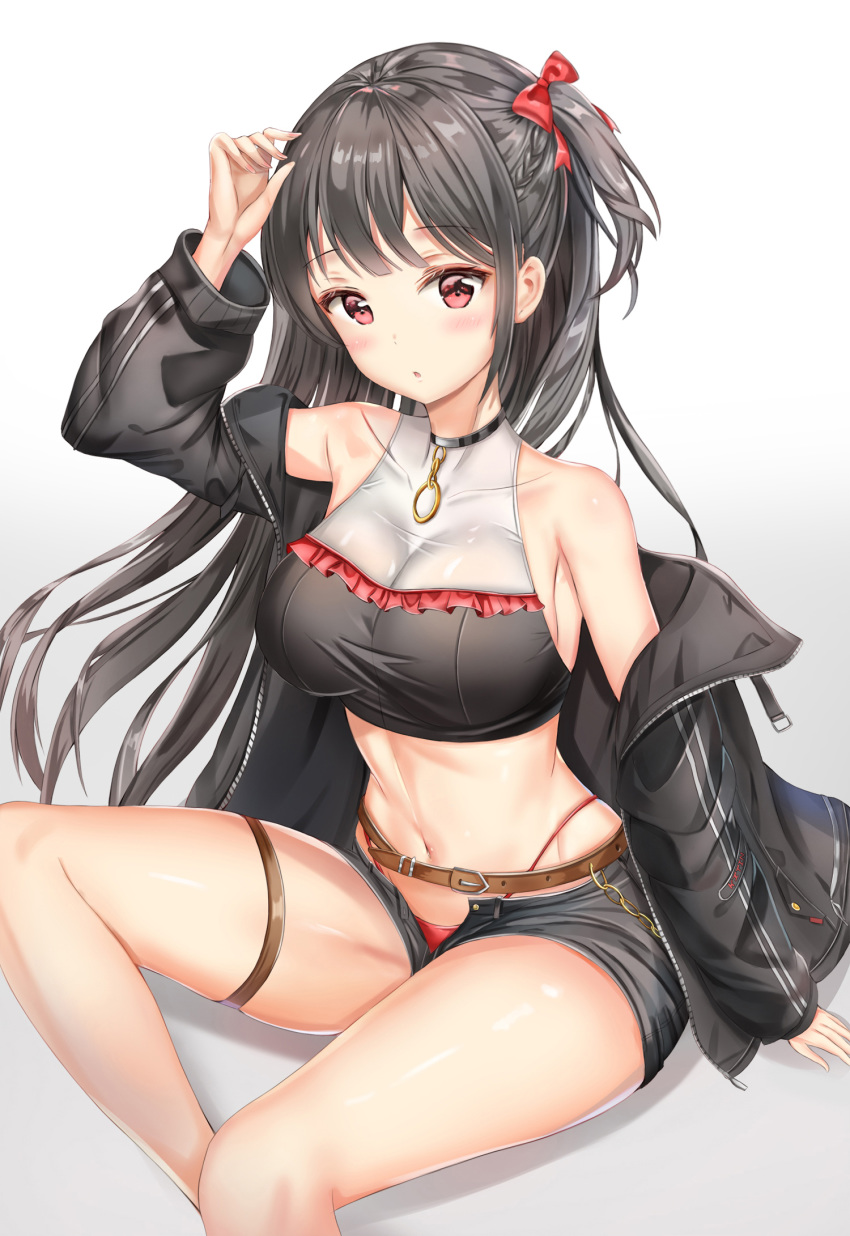 1girl, arm_up, bare_legs, bare_shoulders, belt, black_hair, black_jacket, black_shirt