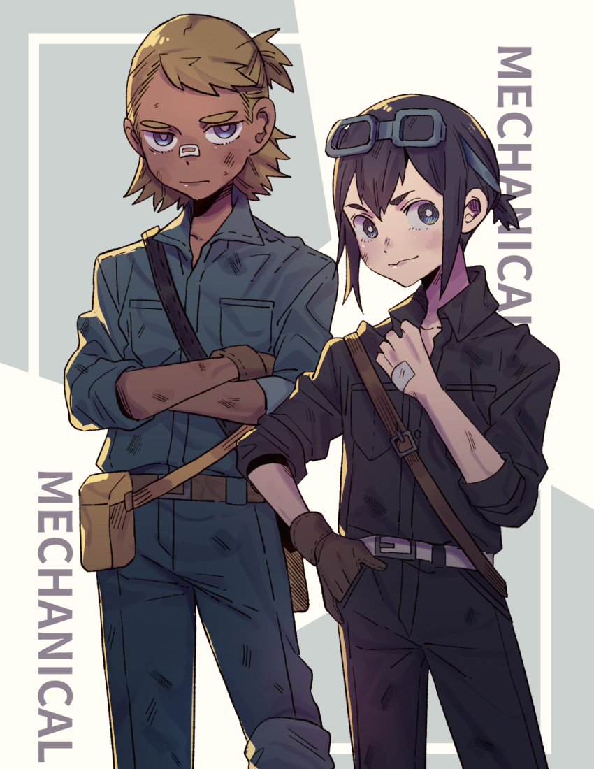 2girls, asakusa_midori, bangs, belt, black_hair, blonde_hair, blue_eyes, crossed_arms, dark_skin, dirty, dirty_clothes, dirty_face, doumeki_parker, eizouken_ni_wa_te_wo_dasu_na!, gloves, goggles, goggles_on_head, highres, jumpsuit, looking_at_viewer, multiple_girls, single_glove, smile, takao_(88499191)