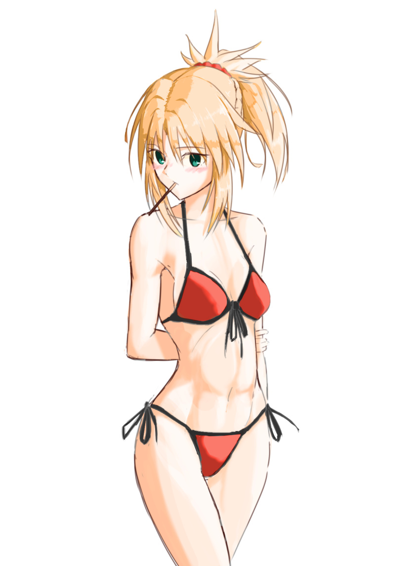 1girl, arm_behind_back, bangs, bare_shoulders, bikini, blush, breasts, fate/grand_order, fate_(series), food, green_eyes, hair_ornament, hair_scrunchie, highres, long_hair, looking_at_viewer, mordred_(fate)_(all), mordred_(swimsuit_rider)_(fate), mouth_hold, navel, negajo, pocky, ponytail, red_bikini, red_scrunchie, scrunchie, sidelocks, simple_background, swimsuit, thighs, white_background