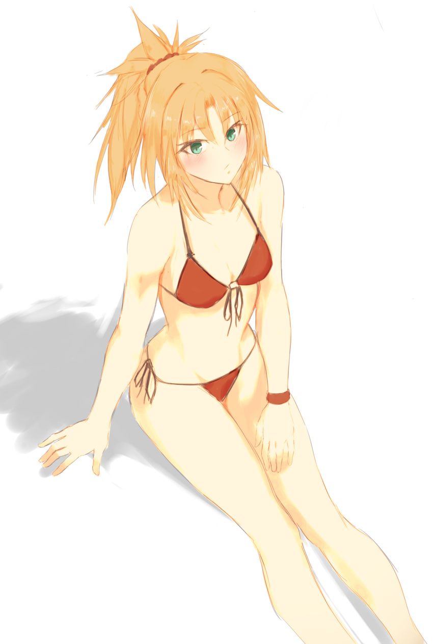 1girl, absurdres, bangs, bare_shoulders, bikini, blush, braid, breasts, closed_mouth, collarbone, fate/grand_order, fate_(series), french_braid, green_eyes, hair_ornament, hair_scrunchie, highres, legs, long_hair, looking_at_viewer, mordred_(fate)_(all), mordred_(swimsuit_rider)_(fate), navel, negajo, parted_bangs, ponytail, red_bikini, red_scrunchie, scrunchie, sidelocks, sitting, small_breasts, swimsuit, thighs