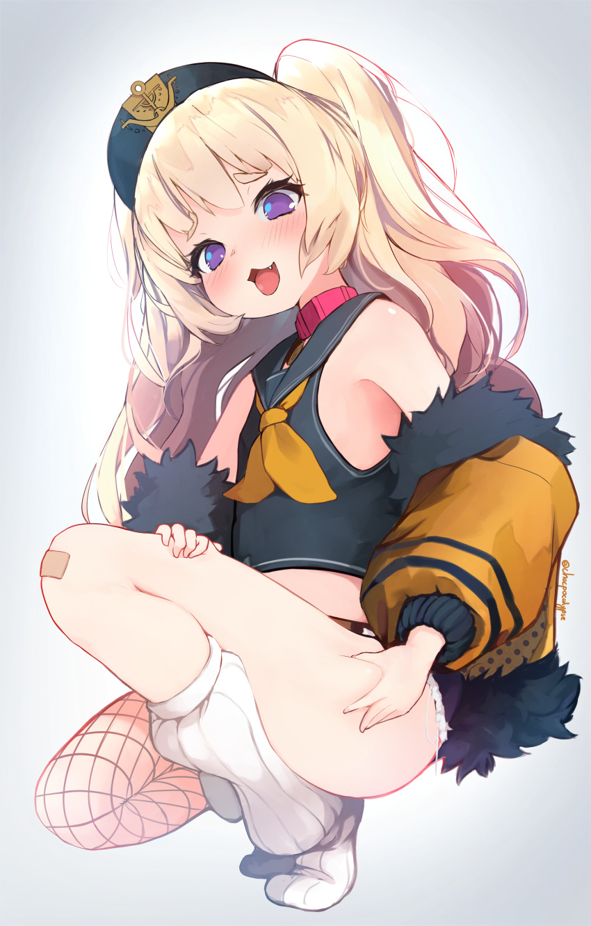 1girl, :3, absurdres, asymmetrical_legwear, azur_lane, bache_(azur_lane), bandaid, bandaid_on_knee